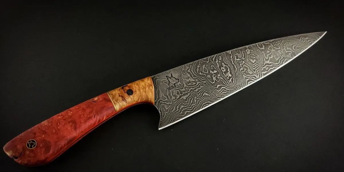 Freshly sharpened custom Damascus chef knife