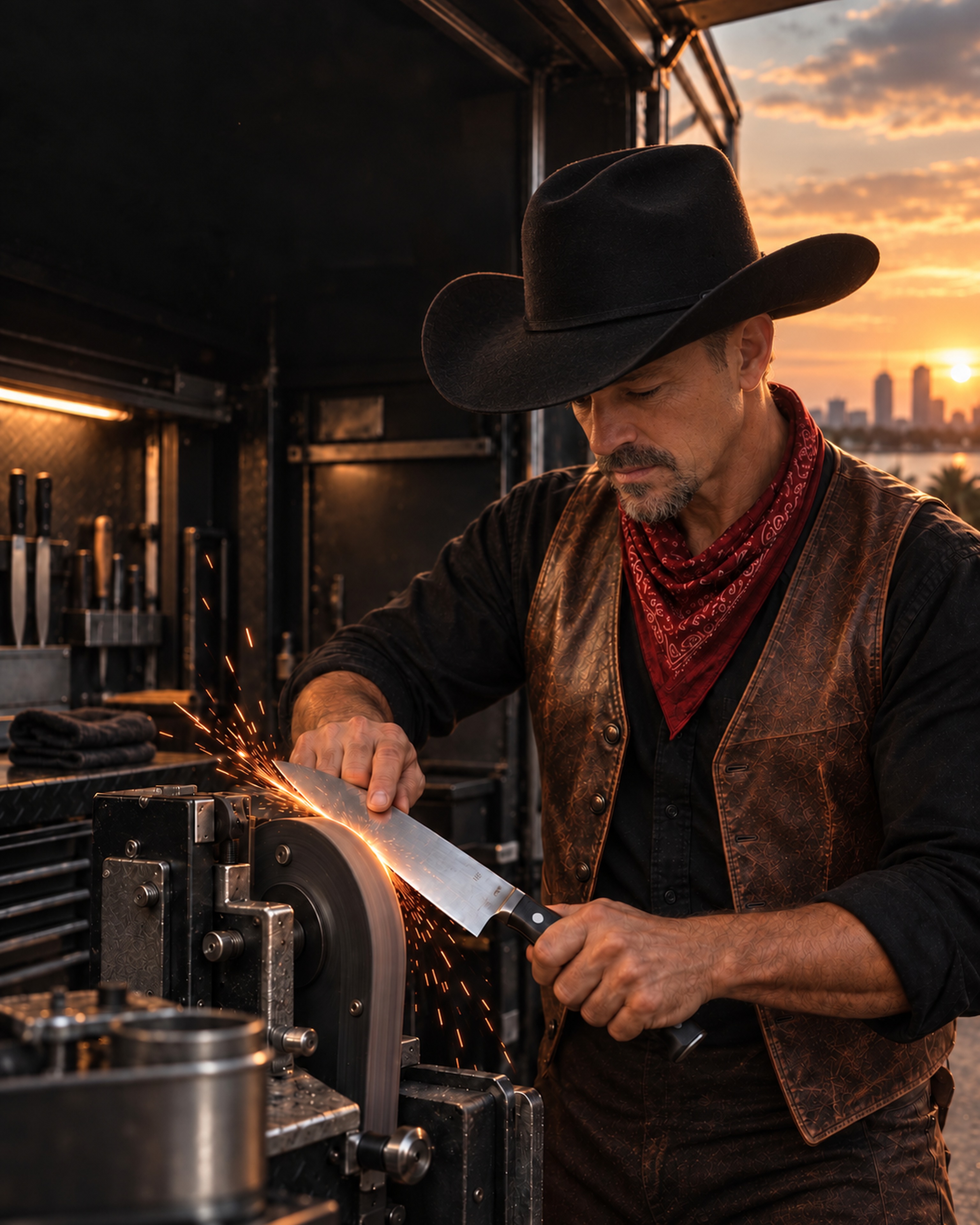 Cowboy Sharpening professional sharpening a chef knife in a mobile workshop